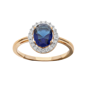 BAGUE PLAQUÉ OR GRAND DIAMETRE CENTRE OXYDE BLEU ET CONTOUR OXYDES BLANCS SERTIS