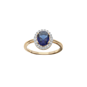 BAGUE PLAQUÉ OR GRAND DIAMETRE CENTRE OXYDE BLEU ET CONTOUR OXYDES BLANCS SERTIS