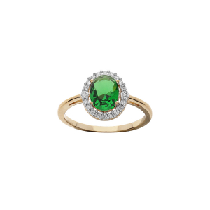 BAGUE PLAQUÉ OR CENTRE OXYDE VERT ET CONTOUR OXYDES BLANCS SERTIS