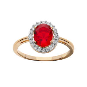 BAGUE PLAQUÉ OR GRAND DIAMETRE CENTRE OXYDE ROUGE ET CONTOUR OXYDES BLANCS SERTIS