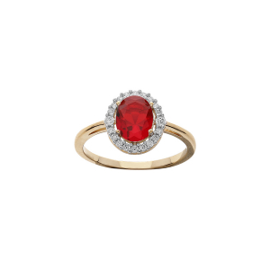 BAGUE PLAQUÉ OR GRAND DIAMETRE CENTRE OXYDE ROUGE ET CONTOUR OXYDES BLANCS SERTIS