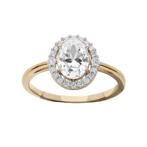 BAGUE PLAQUÉ OR GRAND DIAMETRE CENTRE OXYDE BLANC ET CONTOUR OXYDES BLANCS SERTIS