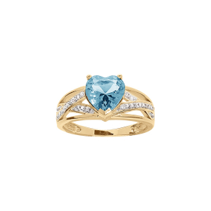 BAGUE PLAQUÉ OR GRAND DIAMETRE OXYDE BLEU CIEL FORME COEUR ET 2 RAILS CROISES OXYDES BLANCS SERTIS