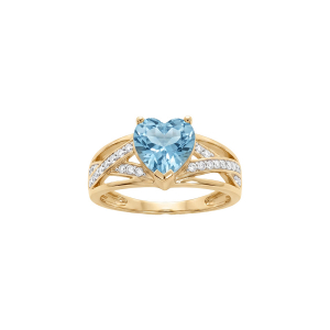 BAGUE PLAQUÉ OR GRAND DIAMETRE OXYDE BLEU CIEL FORME COEUR ET 2 RAILS CROISES OXYDES BLANCS SERTIS