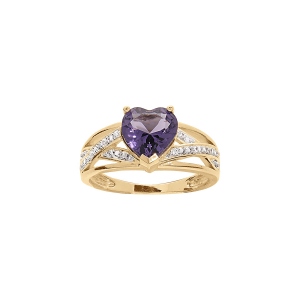 BAGUE PLAQUÉ OR GRAND DIAMETRE OXYDE VIOLET FORME COEUR ET 2 RAILS CROISES OXYDES BLANCS SERTIS