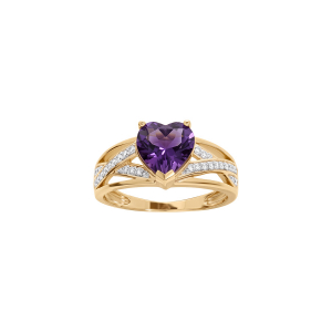BAGUE PLAQUÉ OR GRAND DIAMETRE OXYDE VIOLET FORME COEUR ET 2 RAILS CROISES OXYDES BLANCS SERTIS