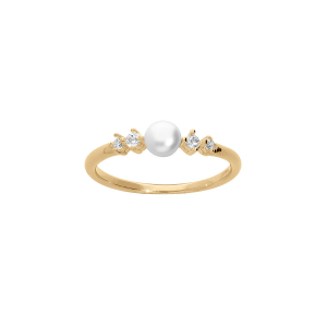 BAGUE PLAQUÉ OR PERLE DE CULTURE D'EAU DOUCE BLANCHE ET OXYDES BLANCS SERTIS