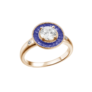 BAGUE PLAQUÉ OR RONDE CENTRE OXYDE BLANC ET CONTOUR OXYDES RECTANGULAIRES BLEUS