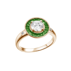 BAGUE PLAQUÉ OR RONDE CENTRE OXYDE BLANC ET CONTOUR OXYDES RECTANGULAIRES VERTS