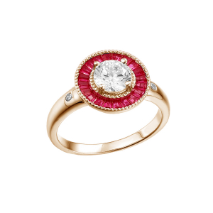 BAGUE PLAQUÉ OR RONDE CENTRE OXYDE BLANC ET CONTOUR OXYDES RECTANGULAIRES ROUGES