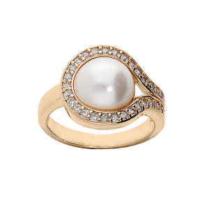 BAGUE PLAQUÉ OR BOUCLE OXYDES BLANCS SSERTIS ET PERLE BLANCHE IMITATION