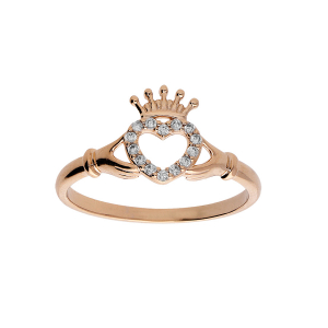 BAGUE PLAQUÉ OR CLADDAGH IRLANDE (AMITIE, AMOUR, LOYAUTÉ) AVEC OXYDES BLANCS SERTIS