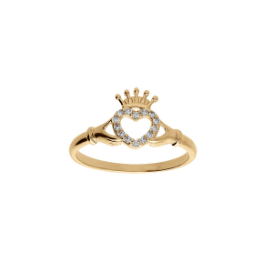 BAGUE PLAQUÉ OR CLADDAGH IRLANDE (AMITIE, AMOUR, LOYAUTÉ) AVEC OXYDES BLANCS SERTIS