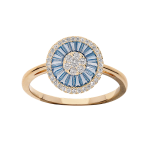 BAGUE PLAQUÉ OR RONDE OXYDES RECTANGULAIRES BLEUS ET CONTOUR OXYDES BLANCS SERTIS