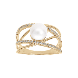 BAGUE PLAQUÉ OR CROISÉE OXYDES BLANCS SERTIS ET PERLE BLANCHE EAU DOUCE