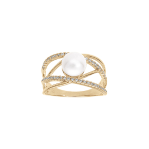 BAGUE PLAQUÉ OR CROISÉE OXYDES BLANCS SERTIS ET PERLE BLANCHE EAU DOUCE