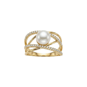 BAGUE PLAQUÉ OR CROISÉE OXYDES BLANCS SERTIS ET PERLE BLANCHE EAU DOUCE