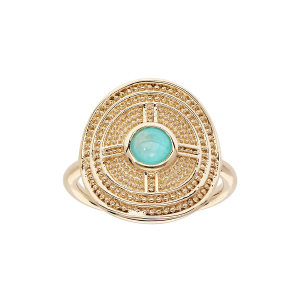 BAGUE PLAQUÉ OR FORME RONDE MOTIF GEOMETRIQUE PIERRE AMAZONITE VÉRITABLE