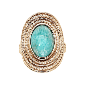BAGUE PLAQUÉ OR OVALE PIERRE CABOCHON AMAZONITE VÉRITABLE