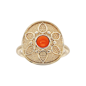 BAGUE PLAQUÉ OR FORME RONDE MOTIF FLEUR PIERRE SYNTHETIQUE COULEUR CORAIL