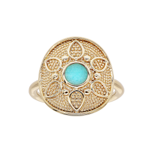 BAGUE PLAQUÉ OR FORME RONDE MOTIF FLEUR PIERRE SYNTHETIQUE COULEUR TURQUOISE
