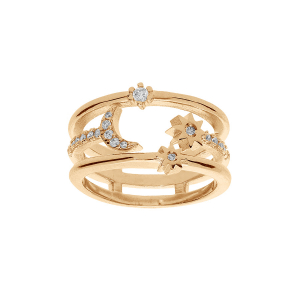 BAGUE PLAQUÉ OR 3 RANGS LUNE ET SOLEIL AVEC OXYDES BLANCS SERTIS
