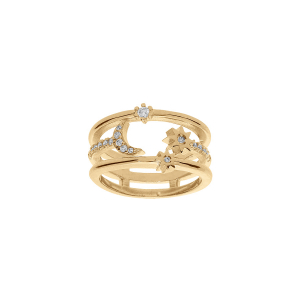 BAGUE PLAQUÉ OR 3 RANGS LUNE ET SOLEIL AVEC OXYDES BLANCS SERTIS