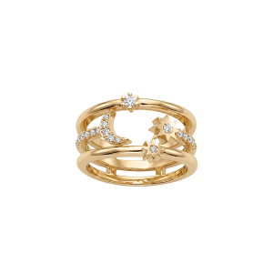 BAGUE PLAQUÉ OR 3 RANGS LUNE ET SOLEIL AVEC OXYDES BLANCS SERTIS