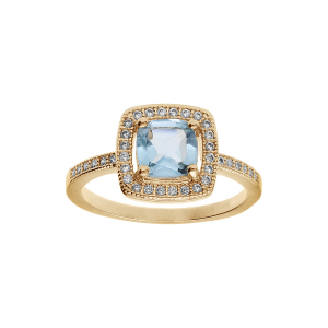 BAGUE PLAQUÉ OR MASSIF PIERRE CARRÉ TOPAZE BLEUE VÉRITABLE CONTOUR OXYDES BLANCS SERTIS