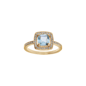 BAGUE PLAQUÉ OR MASSIF PIERRE CARRÉ TOPAZE BLEUE VÉRITABLE CONTOUR OXYDES BLANCS SERTIS