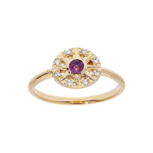 BAGUE PLAQUÉ OR CERCLE OXYDES BLANCS ET CABOCHON AMETHYSTE VÉRITABLE