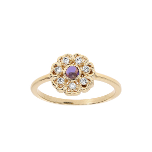 BAGUE PLAQUÉ OR FLEUR CABOCHON IOLITE VÉRITABLE ET OXYDES BLANCS SERTIS