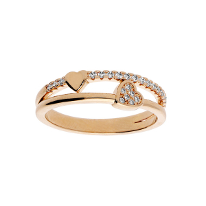 BAGUE PLAQUÉ OR 2 RANGS OXYDES BLANCS SERTIS AVEC COEURS