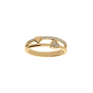 BAGUE PLAQUÉ OR 2 RANGS OXYDES BLANCS SERTIS AVEC COEURS