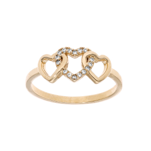 BAGUE PLAQUÉ OR 3 COEURS ENTRELACÉS 1 LISSE ET 2 AVEC OXYDES BLANCS SERTIS