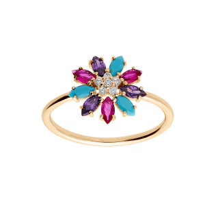 BAGUE PLAQUÉ OR FLEUR OXYDES MULTI COULEURS