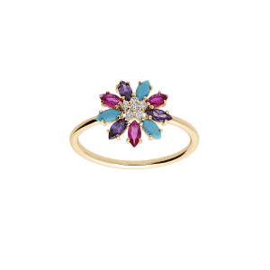 BAGUE PLAQUÉ OR FLEUR OXYDES MULTI COULEURS