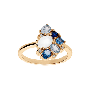 BAGUE PLAQUÉ OR OXYDES BLEUS ET BLANCS