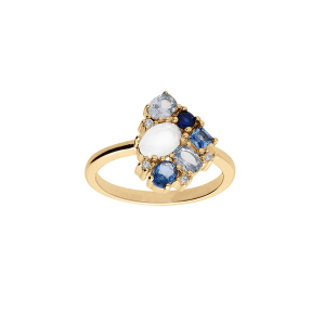 BAGUE PLAQUÉ OR OXYDES BLEUS ET BLANCS