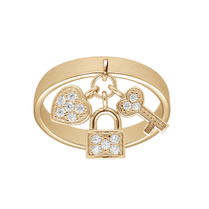 BAGUE PLAQUÉ OR BRELOQUES CADENAS COEUR CLEFS OXYDES BLANCS