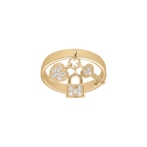 BAGUE PLAQUÉ OR BRELOQUES CADENAS COEUR CLEFS OXYDES BLANCS