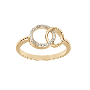 BAGUE PLAQUÉ OR 2 CERCLES ENTRELACÉS 1 LISSE ET OXYDES BLANCS SERTIS
