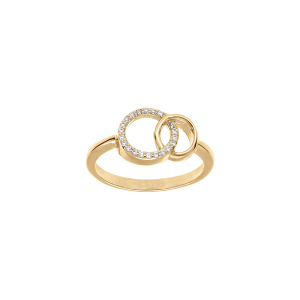 BAGUE PLAQUÉ OR 2 CERCLES ENTRELACÉS 1 LISSE ET OXYDES BLANCS SERTIS