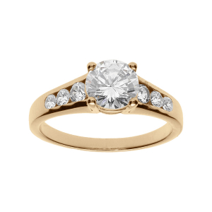 BAGUE PLAQUÉ OR RAIL PIERRES SYNTHETIQUE BLANCHES PIERRE CENTRALE 4 GRIFFES