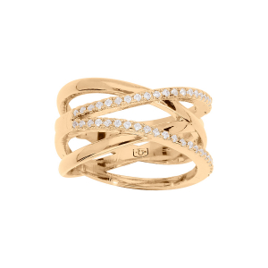 BAGUE PLAQUÉ OR LARGE CROISÉ AVEC OXYDES BLANCS SERTIS