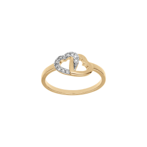 BAGUE PLAQUÉ OR DOUBLE COEURS OXYDES BLANCS SERTIS