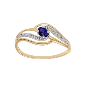 BAGUE PLAQUÉ OR VOLUTE OXYDES BLEU FONCÉ ET BLANCS SERTIS
