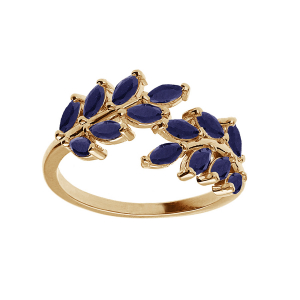 BAGUE PLAQUÉ OR FEUILLAGE OXYDES BLEUS SERTIS