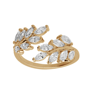 BAGUE PLAQUÉ OR FEUILLAGE OXYDES BLANCS SERTIS