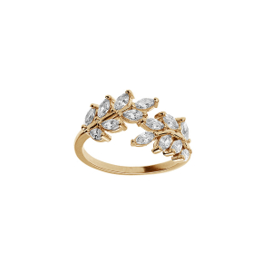 BAGUE PLAQUÉ OR FEUILLAGE OXYDES BLANCS SERTIS